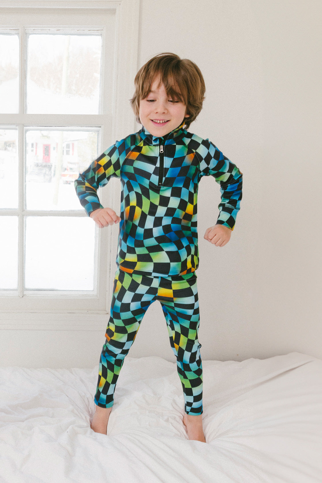 Two Piece Thermal Underwear Blue Checkered Print - Image 2