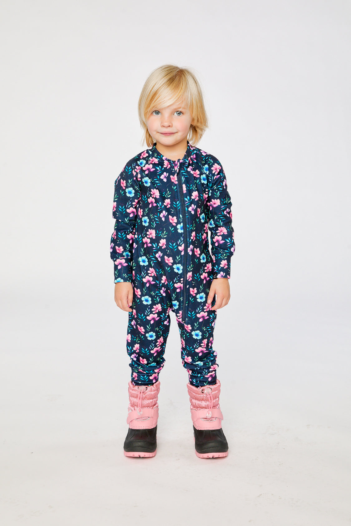 One Piece Thermal Underwear Blue Floral Print - Image 2
