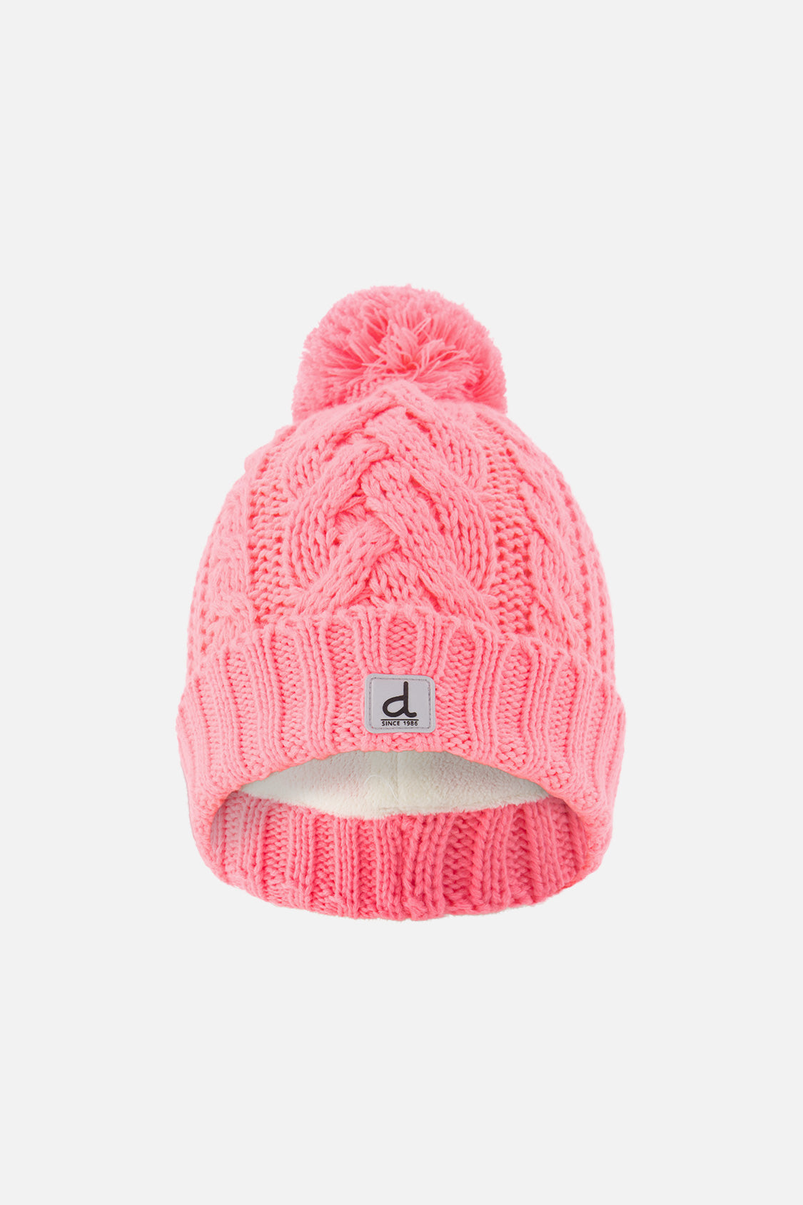 Winter Knit Hat With Pompom Neon Coral