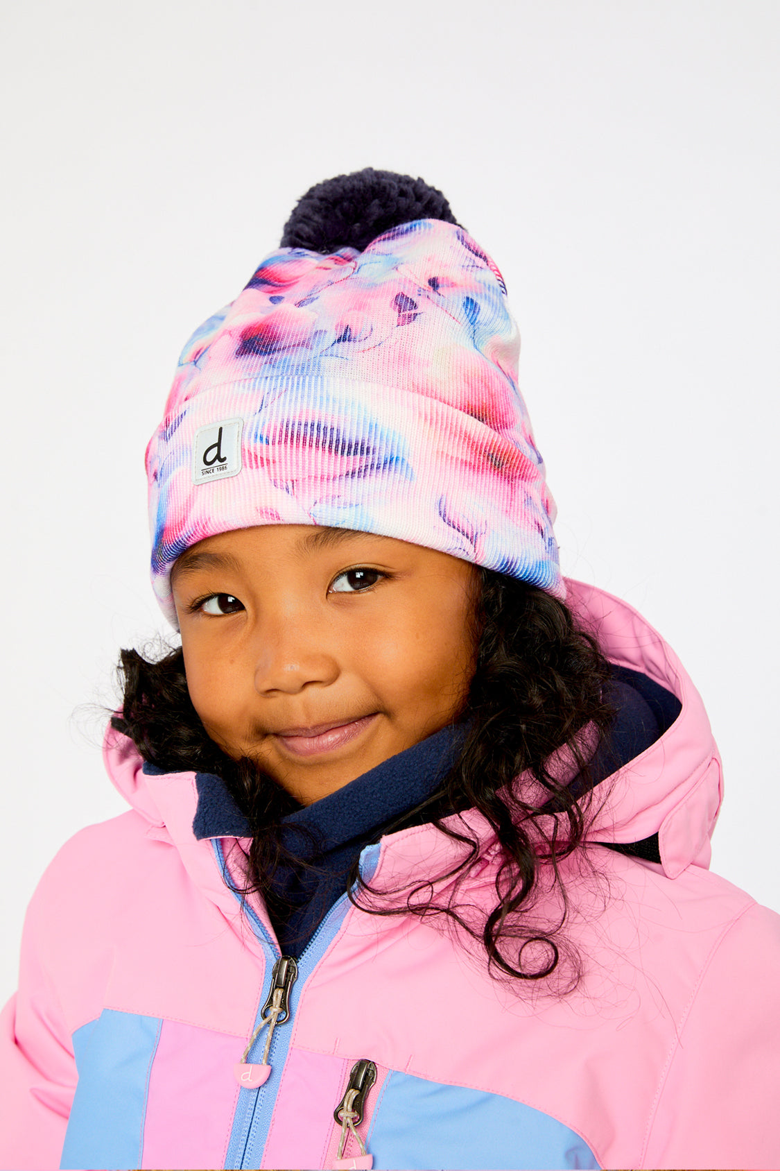 Winter Knit Hat With Pompom Mauve Printed Flowers - Image 3