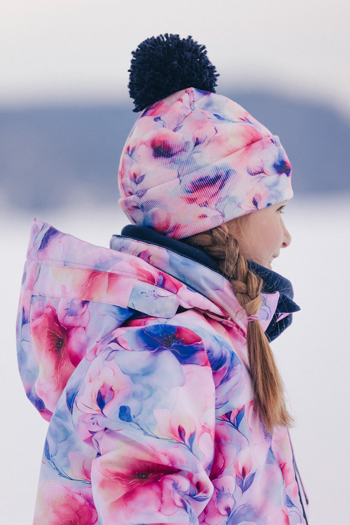 Winter Knit Hat With Pompom Mauve Printed Flowers - Image 2