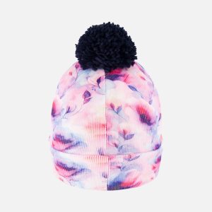 Winter Knit Hat With Pompom Mauve Printed Flowers - Image 4