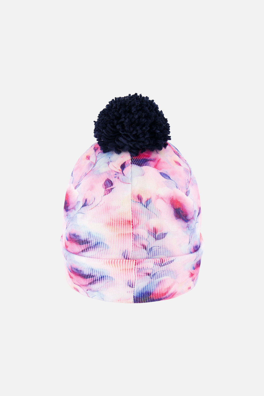 Winter Knit Hat With Pompom Mauve Printed Flowers - Image 4