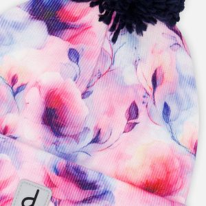 Winter Knit Hat With Pompom Mauve Printed Flowers - Image 5
