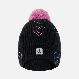 Winter Knit Hat With Pompom Black, Mauve And Blue