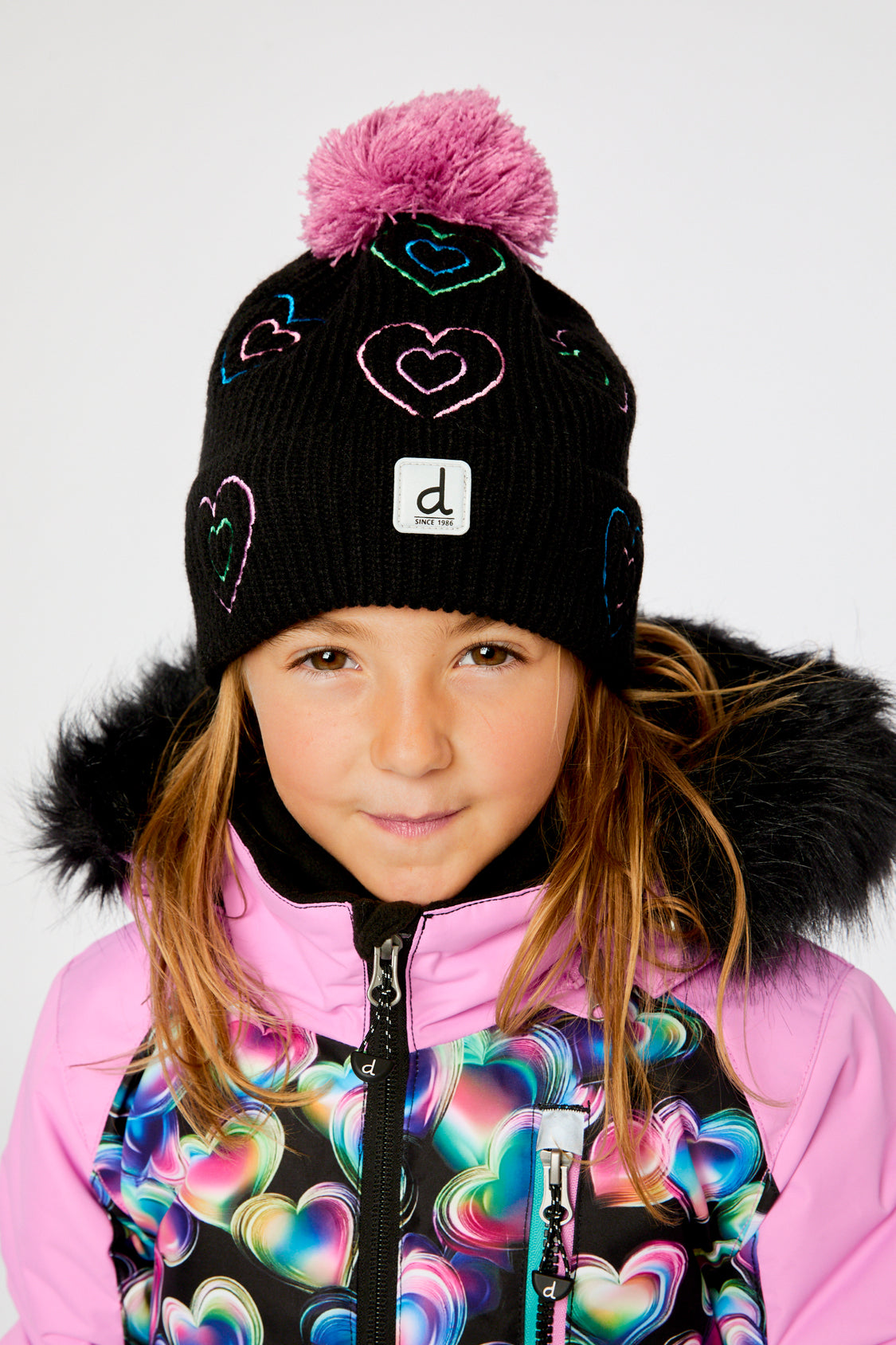 Winter Knit Hat With Pompom Black, Mauve And Blue - Image 2