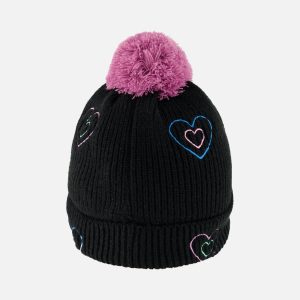 Winter Knit Hat With Pompom Black, Mauve And Blue - Image 3