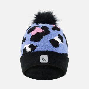 Winter Knit Hat With Pompom Blue Leopard Print