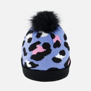 Winter Knit Hat With Pompom Blue Leopard Print - Image 3