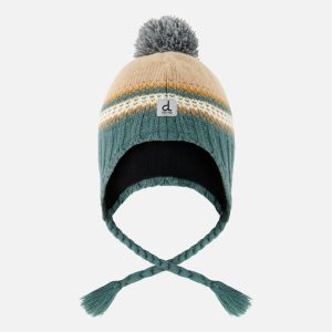 Baby Winter Peruvian Knit Hat With Pompom Beige And Green Jacquard