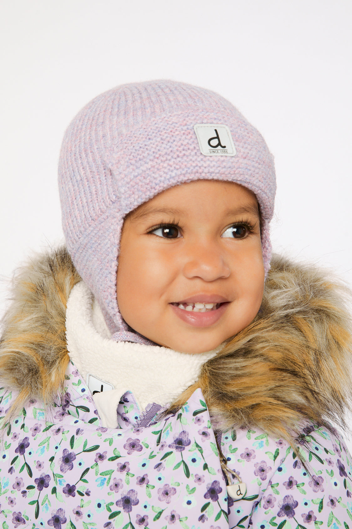 Baby Winter Knit Hat With Ear Flaps And Strings Lavender - Image 2
