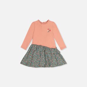 Baby Bi-Material Dress Pale Pink And Green Floral Print