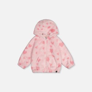Baby Hooded Full Zip Faux Fur Jacket Pink Printed With Hearts