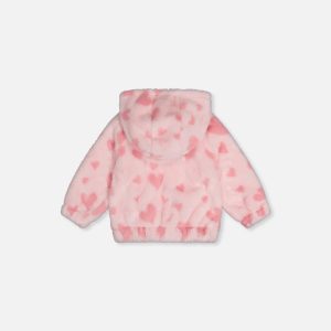 Alternative view of Baby Hooded Full Zip Faux Fur Jacket Pink Printed With Hearts