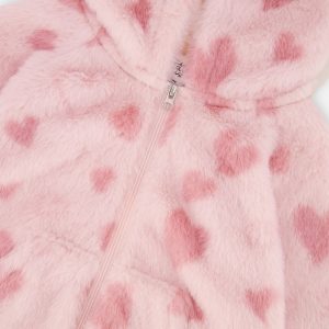 Baby Hooded Full Zip Faux Fur Jacket Pink Printed With Hearts - Image 3