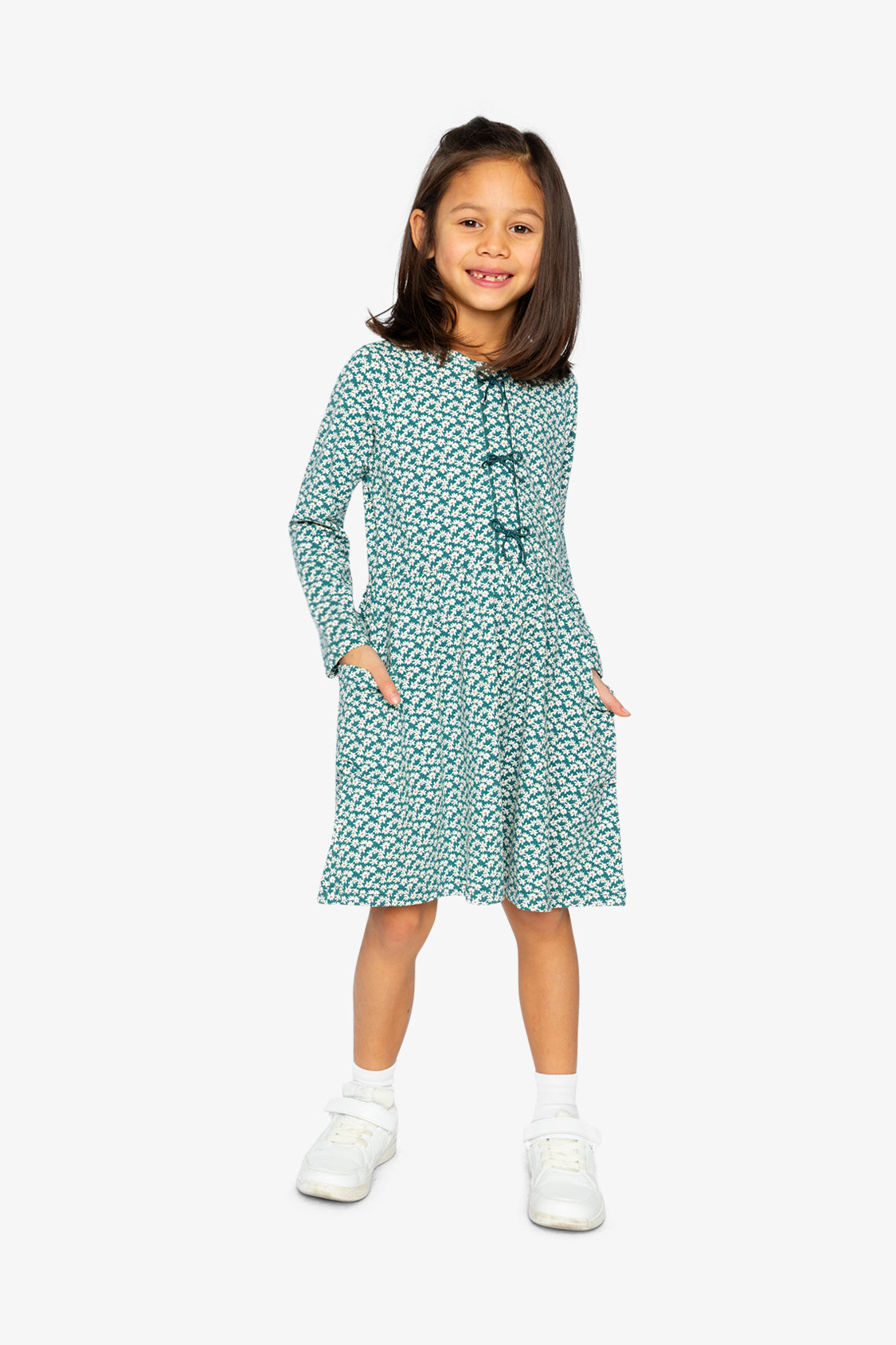 Organic Cotton Dress With Pockets Green Floral Print - Image 2