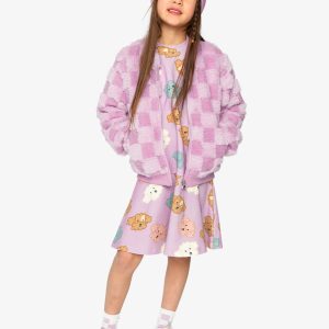 Faux Fur Jacquard Bomber Jacket Violet - Image 5