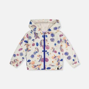 Hooded Zipped French Terry Cardigan Beige Unicorn Print