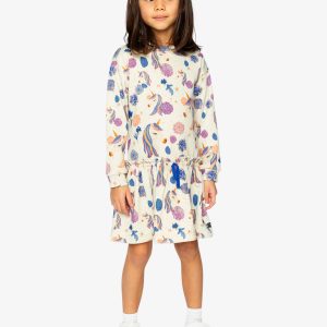 French Terry Dress Beige Unicorn Print - Image 3
