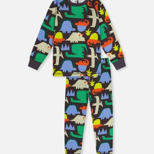 Organic Cotton Two Piece Pajama Set Black Dinosaur Print - Image 3