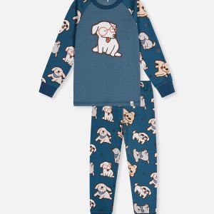 Organic Cotton Two Piece Pajama Set Turquoise Dog Print