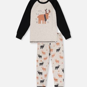Organic Cotton Two Piece Pajama Set Beige Elk Print - Image 9