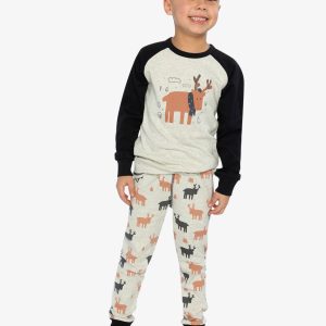 Organic Cotton Two Piece Pajama Set Beige Elk Print - Image 2