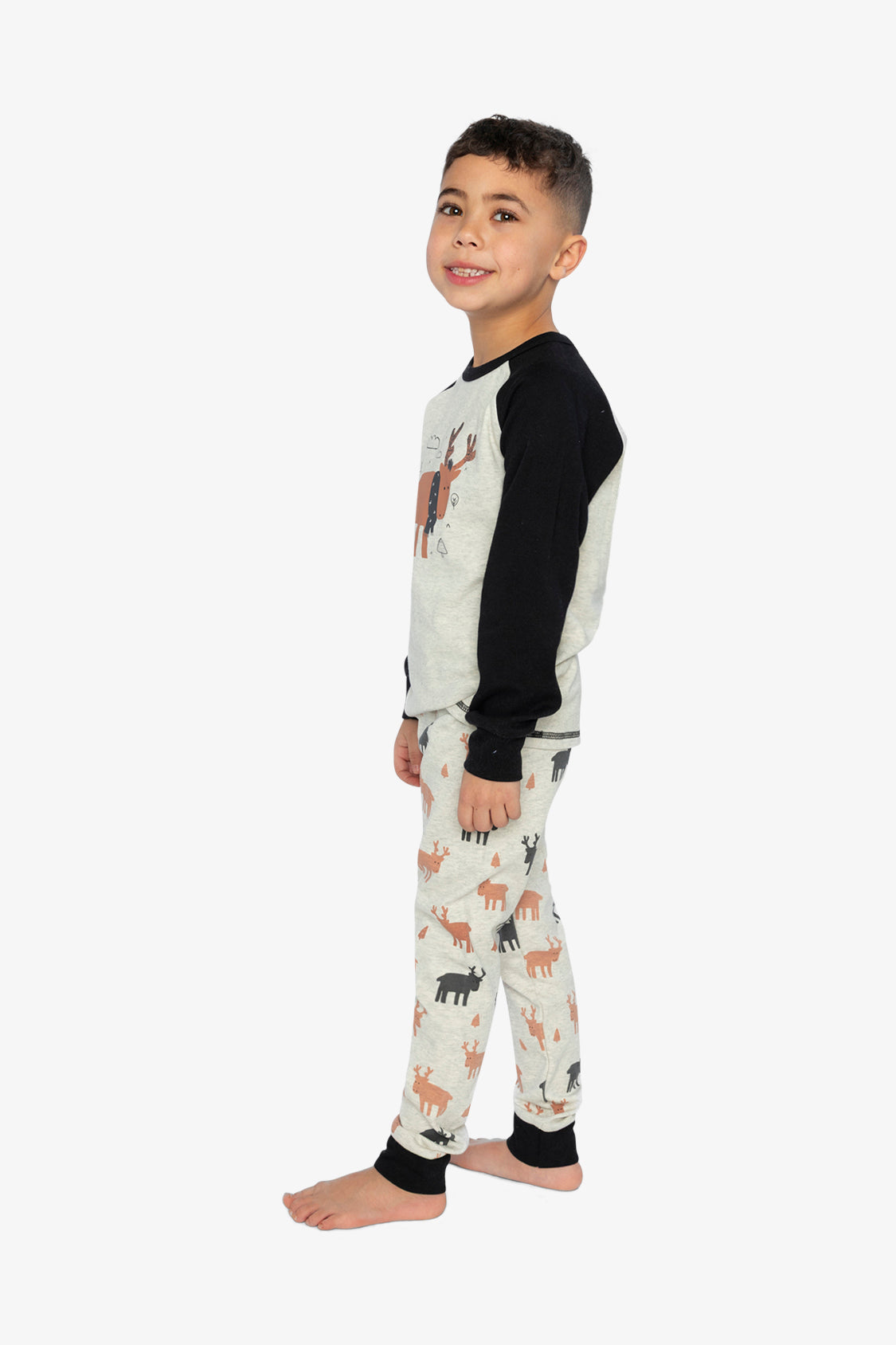 Organic Cotton Two Piece Pajama Set Beige Elk Print - Image 3