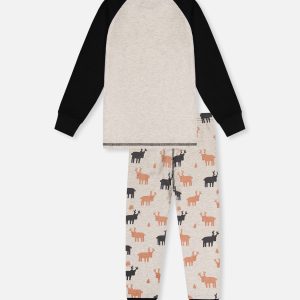 Organic Cotton Two Piece Pajama Set Beige Elk Print - Image 5