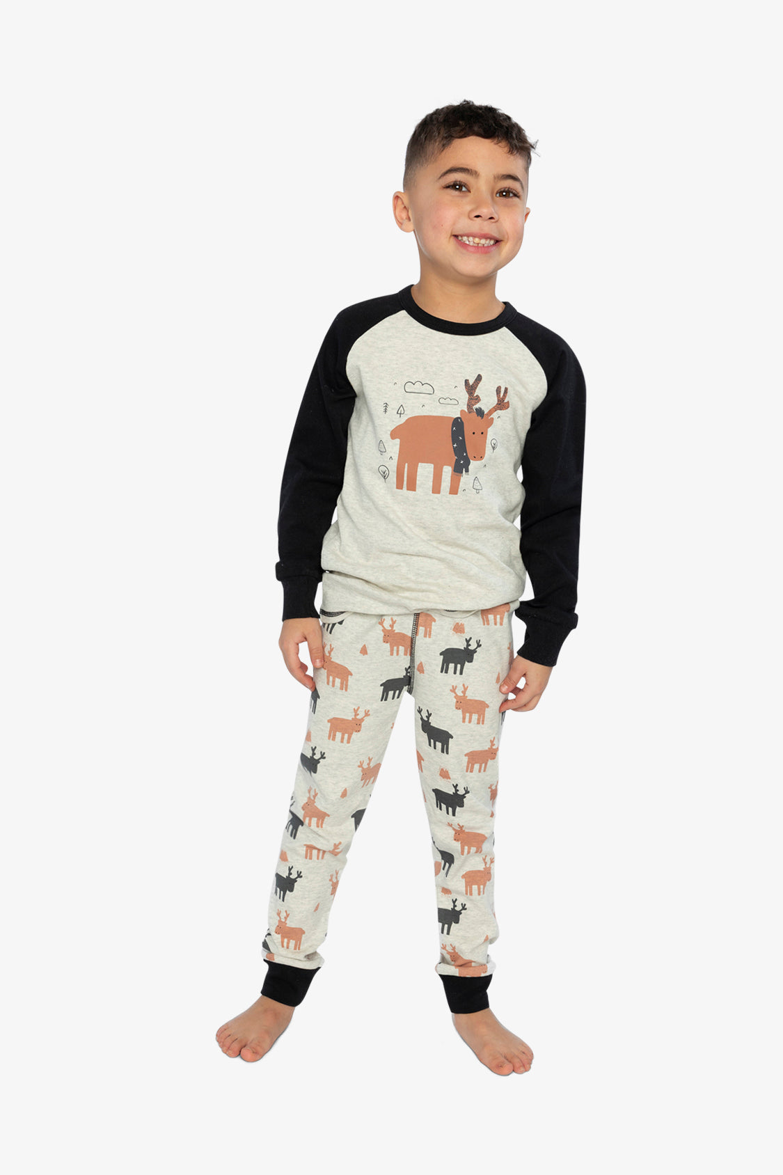 Organic Cotton Two Piece Pajama Set Beige Elk Print - Image 2
