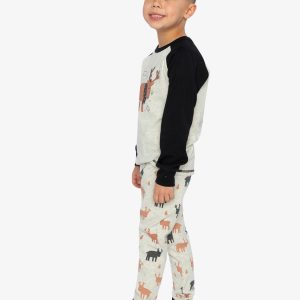 Organic Cotton Two Piece Pajama Set Beige Elk Print - Image 3