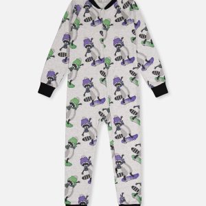 Baby Organic Cotton One Piece Pajama Beige Raccoon Print
