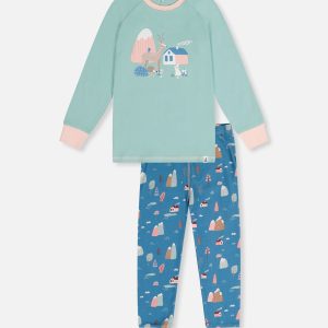Organic Cotton Two Piece Pajama Set Blue House Print - Image 8