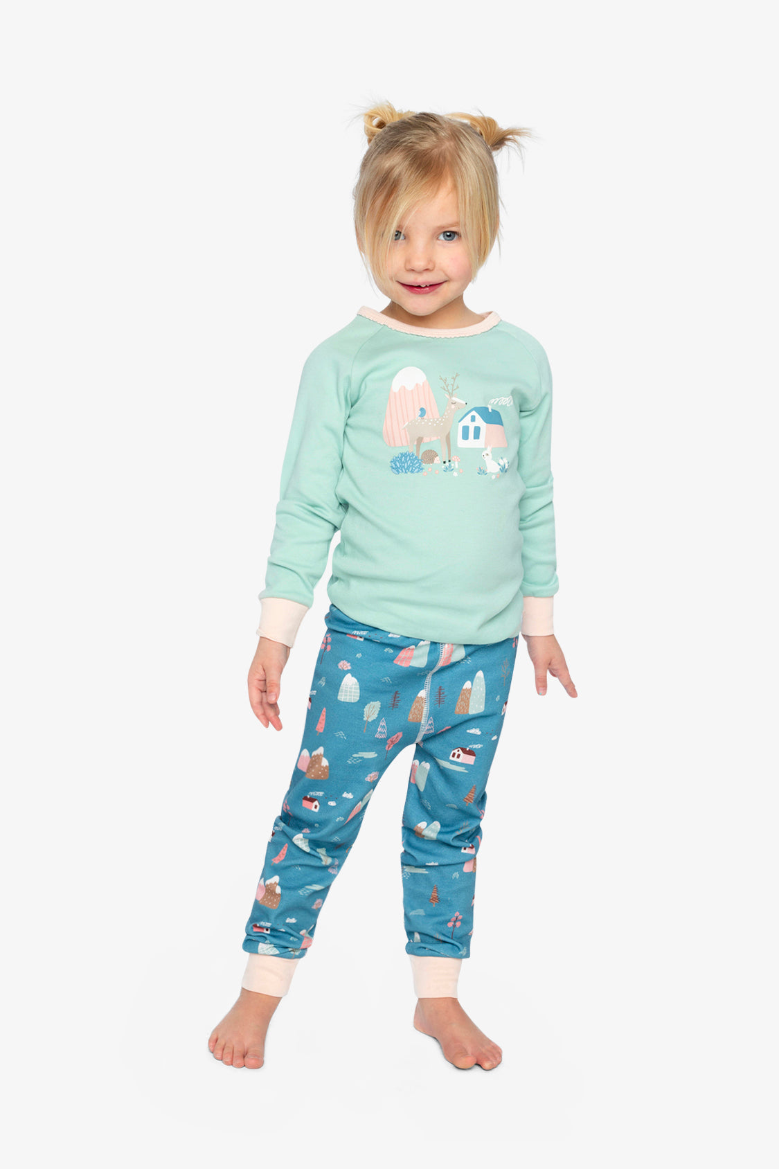 Organic Cotton Two Piece Pajama Set Blue House Print - Image 2