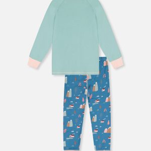 Organic Cotton Two Piece Pajama Set Blue House Print - Image 5