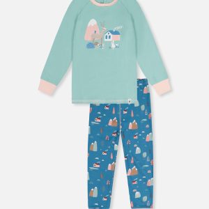 Organic Cotton Two Piece Pajama Set Blue House Print - Image 11