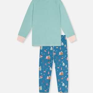 Organic Cotton Two Piece Pajama Set Blue House Print - Image 5