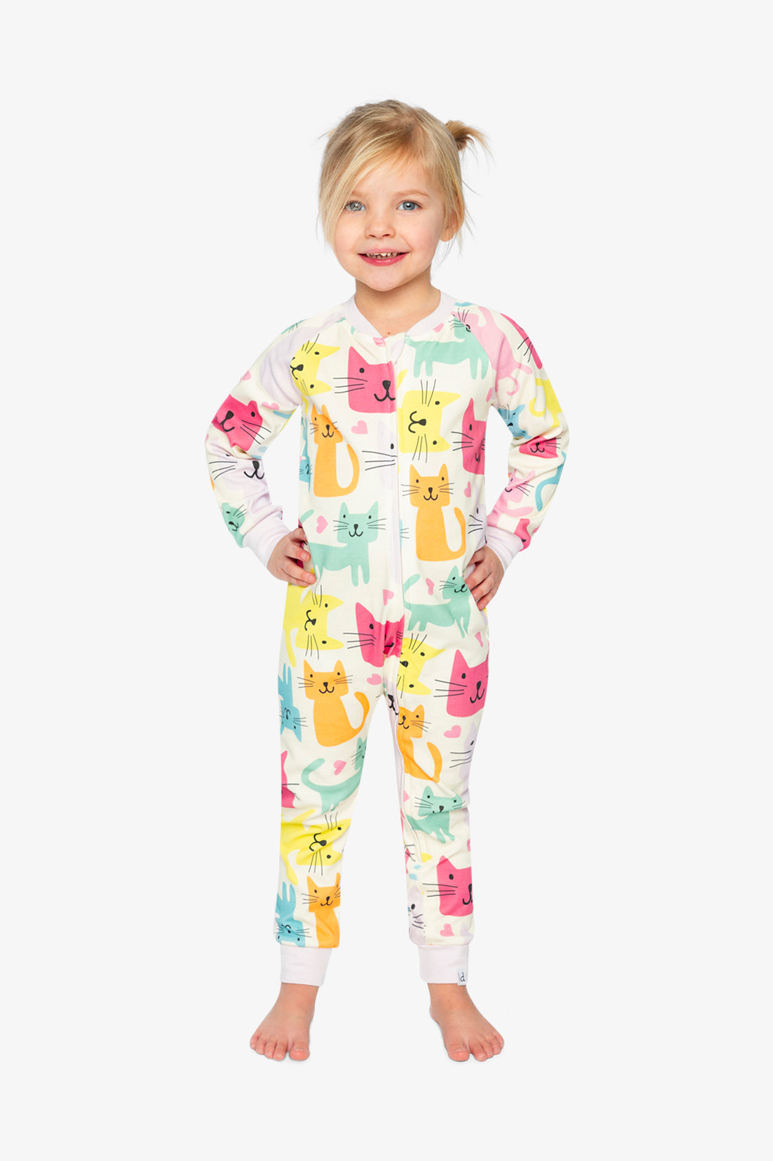 Organic Cotton One Piece Pajama White Cat Print - Image 2
