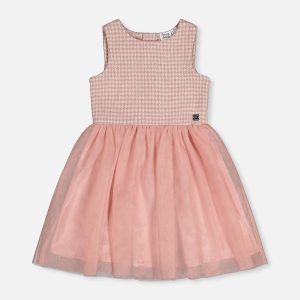 Bi-Material Sleeveless Dress Pink Houndstooth