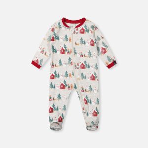 Baby Organic Cotton One Piece Christmas Pajama Beige Christmas Print