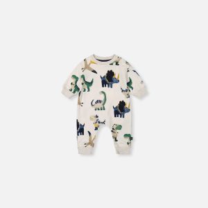 Baby Fleece Jumpsuit Beige Dinosaur Print
