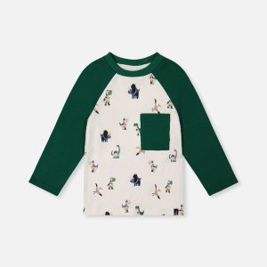 Long Sleeve Raglan T-Shirt Beige Dinosaur Print