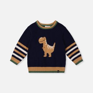 Knit Sweater With Intarsia Dark Blue, Brown And Beige