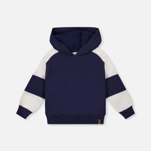Hooded Striped Fleece Cardigan Dark Blue And Beige - Image 11