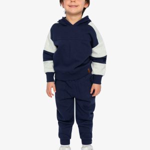 Hooded Striped Fleece Cardigan Dark Blue And Beige - Image 5