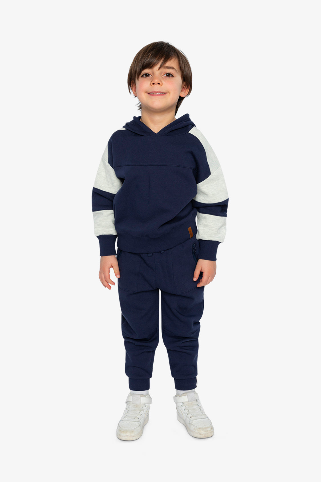 Hooded Striped Fleece Cardigan Dark Blue And Beige - Image 5