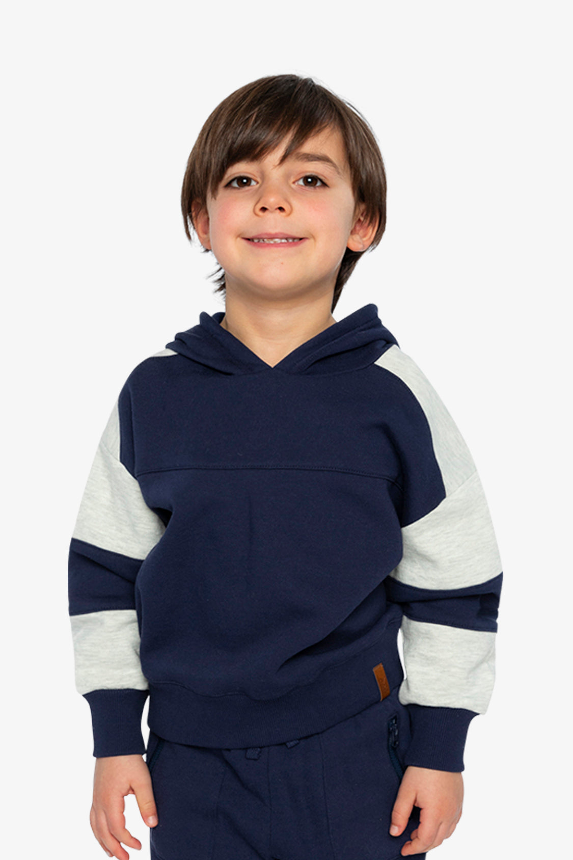 Hooded Striped Fleece Cardigan Dark Blue And Beige - Image 2