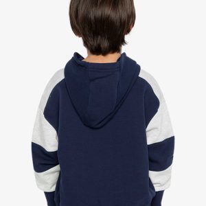Hooded Striped Fleece Cardigan Dark Blue And Beige - Image 4