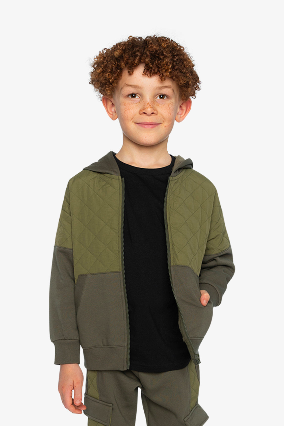 Full Zip Hooded Bi-Material Cardigan Green - Image 2