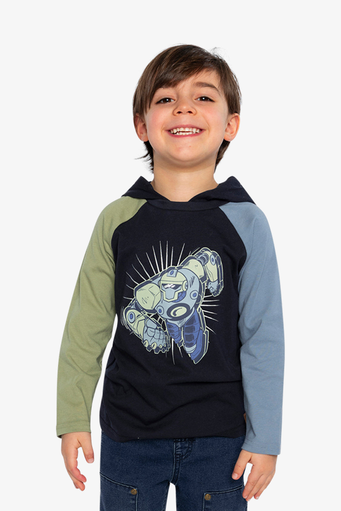 Raglan Hooded T-Shirt Dark Blue And Green - Image 2